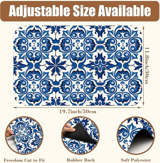 Dish Drying Mat Blue Portuguese Tiles Coffee Bar Mat for Countertop Absorbent Rubber Backed Hide Stain Dish Drainer Rack Pad Espresso Machine Cafe Table Dining Room Decoration 11.8 x 19.7 Inch