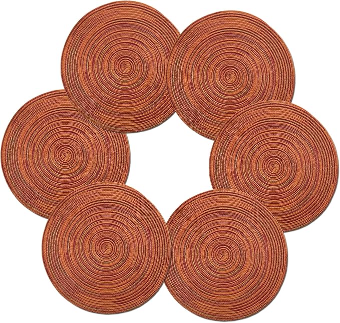 Youyi Better Lifes Round Braided Placemats Set of 6 Colorful Washable Durable Placemats Non-Slip 15 Inch Red-Orange Woven Table Mats for Dining Tables Holiday Party Decoration