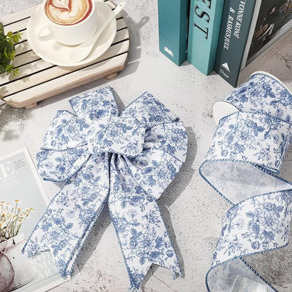 Generic Floral Wired Edge Ribbon Blue Flower Craft Ribbon Chinoiserie Decorative Fabric Ribbon for DIY Crafts Wreath Bow Making, 12 Yards