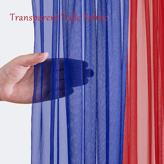 10x10ft Royal Blue Red Tulle Backdrop Curtain with Lights String for Parites, Sheer Backdrop Curtains for Wedding Baby Shower Birthday Party Photo Shoot Decorations