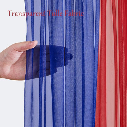 10x10ft Royal Blue Red Tulle Backdrop Curtain with Lights String for Parites, Sheer Backdrop Curtains for Wedding Baby Shower Birthday Party Photo Shoot Decorations