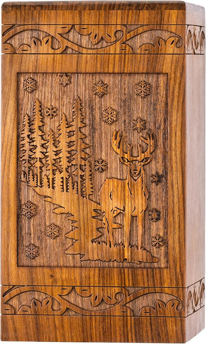 INTAJ Handcarved Rosewood Deer Oversized Urn for Human Ashes - 640 lbs Companion Capacity - Forest Scene Wooden Cremation Urn Box for Burial Funeral Decorative Wildlife Memorial Casket