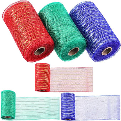Swpeet 3 Rolls 6 Inches Mesh Ribbon Glitter Metallic Wrapping Ribbon Kit, Glitter Tulle Fabric Spool Ribbon Metallic Foil Mesh Ribbon for DIY Project Wreaths Party Decorations Wrapping Craft