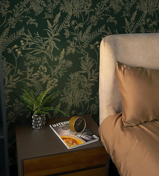 Dark Green and Gold Wallpaper Floral Peel and Stick Wallpaper Vintage Flower and Leaf Contact Paper for Cabinets Self-Adhesive Removable Wallpaper for Bedroom Bathroom Kitchen 118"x17.3"