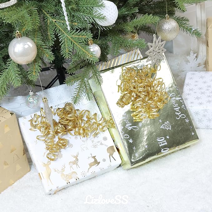 6" Metallic Gold Christmas Curly Ribbon Bows for Gift Wrapping Self Adhesive Gift Bows for Holiday Decor, Baskets, Birthday, Wedding, Presents, Party Favors Decorations 6 Counts