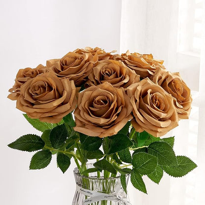 Artificial Rose 10pcs Open Flower Bouquet Faux Rose Stems for Wedding Arrangement, Bridal Bouquet, Centerpiece, Fake Faux Silk Flowers (Toffee)