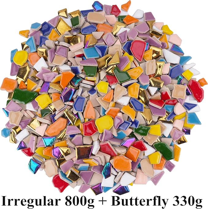 2.5 lb Irregular & Butterfly Mix Ceramic Mosaic Tiles for Crafts - (800g Irregular Tiles + 330g Butterfly Pieces), Assorted Ceramic Tiles for Mosaic Art, DIY & Home Decor
