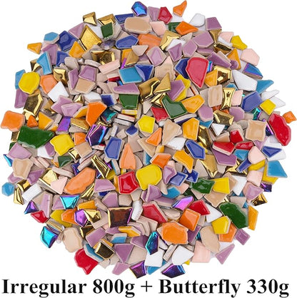 2.5 lb Irregular & Butterfly Mix Ceramic Mosaic Tiles for Crafts - (800g Irregular Tiles + 330g Butterfly Pieces), Assorted Ceramic Tiles for Mosaic Art, DIY & Home Decor