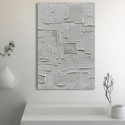 Hand-Painted White and Grey Abstract Wall Decoration Oil Painting Thick Texture Minimalist Art 45x30 inches