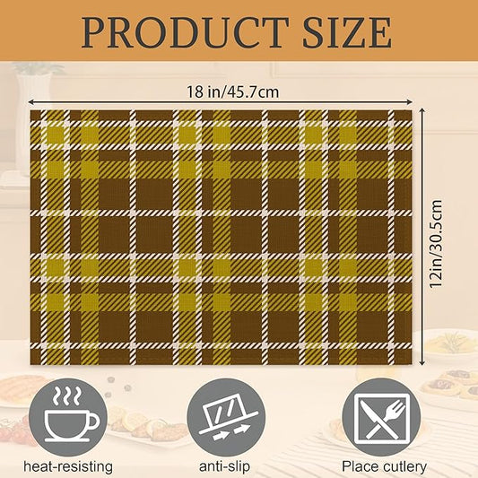 Fall Plaid Placemats Set of 6,Washable Heat Resistant 12×18 Inch Linen Table Mats, Place Mats for Thanksgiving, Christmas, Autumn Dining Decor