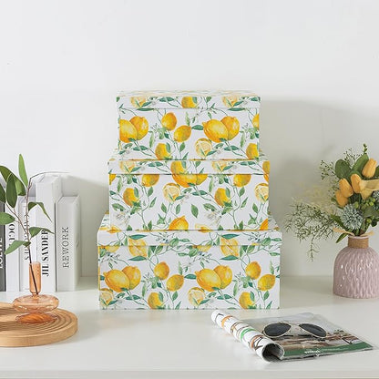 Soul & Lane Decorative Cardboard Storage Boxes with Lids for Home Decor and Organization, Set of 3 Large Keepsake Boxes for Memories & Gifts, Nesting Floral Photo Storage Containers, Zesty Lemons
