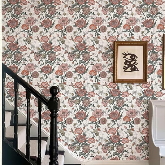 Floral Wallpaper Peel and Stick Floral Contact Paper White and Pink Vintage Wall Paper Removable Self Adhesive Vinyl Stick on Wallpaper for Bathroom Bedroom Decor 17.3in x 118in