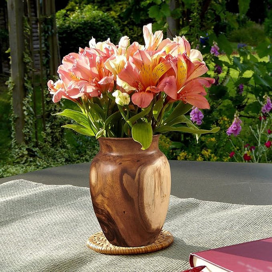 Acacia Wood Vase 7.5" x 7.5" x 11.8" H Handcrafted Natural Brown Wooden Vase Rustic Flower Holder for Entry Table Vintage Artworks Planter for Living Room Home Christmas Décor