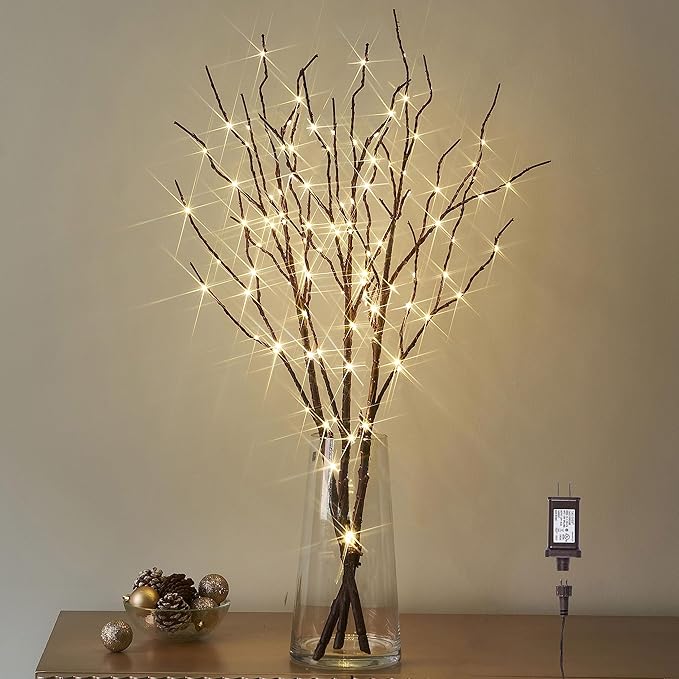 LITBLOOM Lighted Brown Willow Branches 30IN 150 LED Plug in with Timer and Dimmer Tree Branch Lights with Warm White Lights for Holiday Christmas Home Decoration