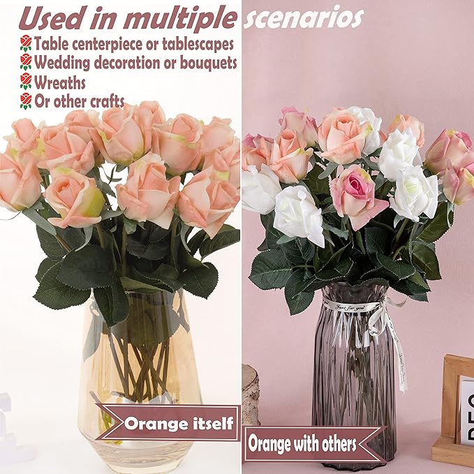 12pcs Half Opened Artificial Rose Buds,17 Inch Real Touch Silk Roses with Partially Opened Flowers, Artificial Flower for Home Décor Centerpiece Wedding Bouquet,Orange