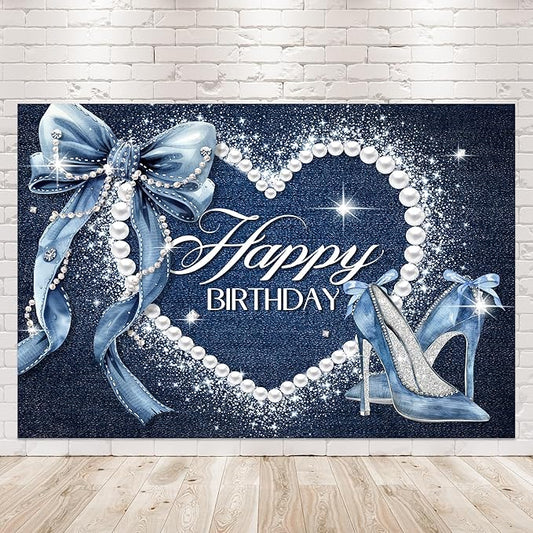 Denim and Diamonds Bow Backdrop 5Wx3H Photography Silver High Heels Happy Birthday Banner Pearl for Women Girls Background Blue Coquette Party Decorations Banner Photo Booth Props Supplies