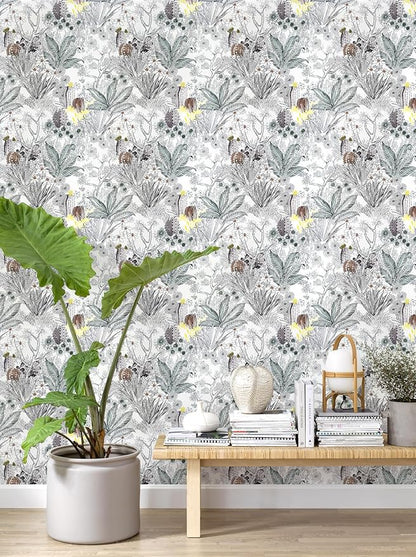 Wudnaye Gray Floral Peel and Stick Wallpaper Vintage Contact Paper 17.7 inch × 118.1 inch Self Adhesive Removable Wall Paper Stick and Peel Waterproof Botanical Wallpaper for Bathroom