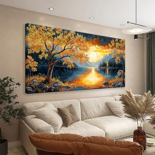 Canvas Art Wall Decor Modern Gold Tree River Landscape Wall Art Print For Bedroom Modern Office Art Prints Sunrise Landscape Print Paintings Pictures Artwork Aesthetic 20 X 40 In