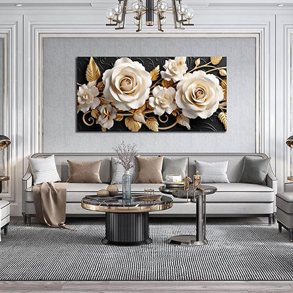 Flower Large Canvas Wall Art for Living Room Bedroom Home Office White and Gold Wall Art Blossom Picture Framed Wall Decor Modern Canvas Prints 24x48 In