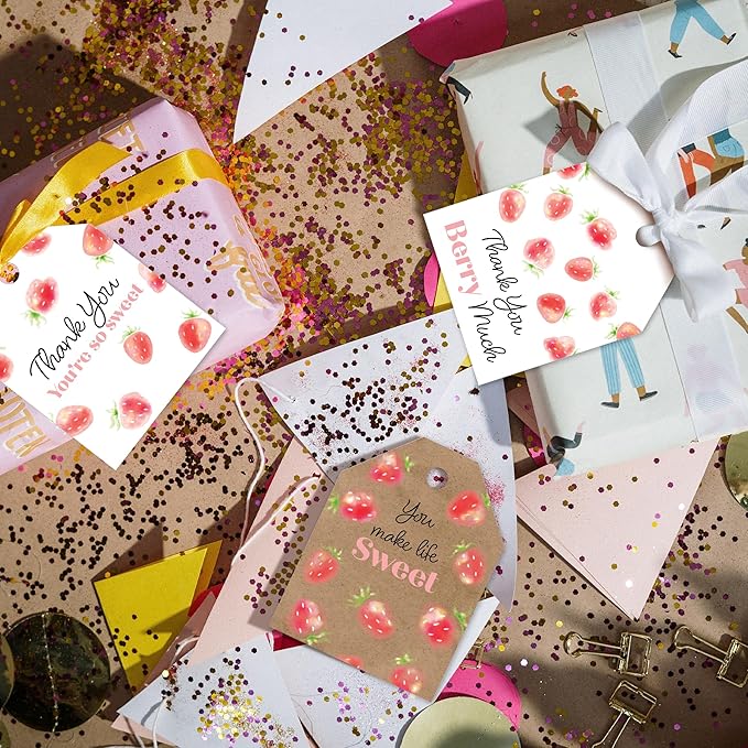 Pro Supply Global 24 Count of 2.5 Inch x 3 Inch Pre Strung Strawberries Gift Tag Assorted Printed Designs on Large Cardstock Gift Hang Tags - Ideal to Use on Bags