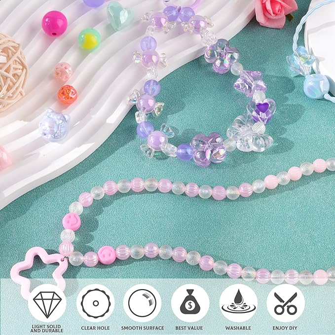 Assorted 210-270PCS Acrylic Beads for Bracelet Making, Bow Candy Heart Gummy Bear Kawaii Bracelet Charms,Cute Beads for Jewelry Making DIY Necklace Keychain Phone Charm Christmas Gift
