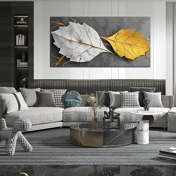 Large Canvas Wall Art for Living Room Bedroom Office Gold and White Leaves Picture Modern Canvas Prints Grey Abstract Framed Wall Decor Size 29x59