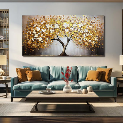 WDHCG Gold and White Tree Painting Wall Art For Living Room - Tree Of Life Wall Decor For Office - Extra Large Wall Art For bedroom Size 36 x 72 Inch