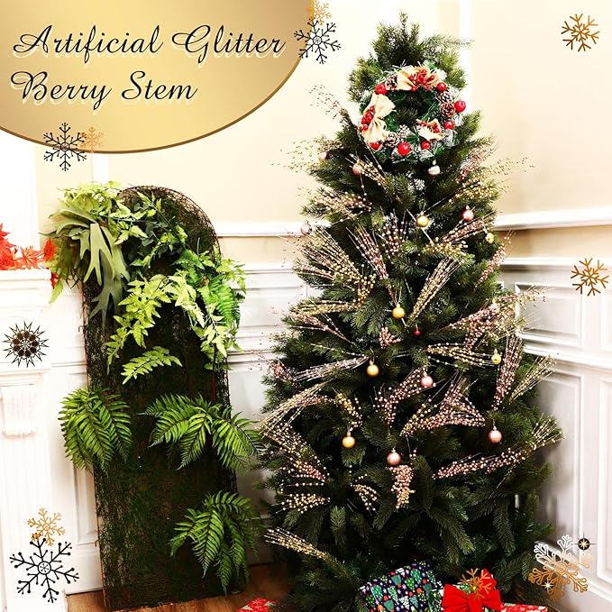 Geosar 30 Pcs Christmas Artificial Glitter Berry Stem Decorations 17 Inch Faux Stick Floral Pick Centerpiece Bouquet Flower Bead Twigs for Centerpiece Tree Wreath Xmas Ornaments Home(Gold)