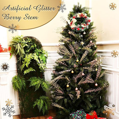 Geosar 30 Pcs Christmas Artificial Glitter Berry Stem Decorations 17 Inch Faux Stick Floral Pick Centerpiece Bouquet Flower Bead Twigs for Centerpiece Tree Wreath Xmas Ornaments Home(Gold)