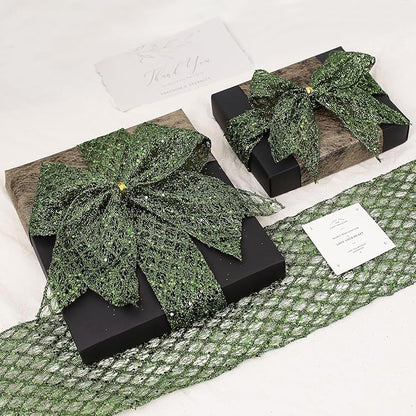 VATIN 6" Moss Green Christmas Ribbon, Green Glitter Mesh Diamond Web Sequin Dots Wired Christmas Ribbon for Gift Wrapping Bow Making Wreath Supply-10 Yards