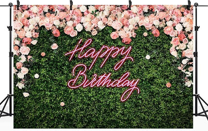 Riyidecor Green Leaves Happy Birthday Backdrop Polyester Fabric Neon Pink Floral Rose Flower Blossom Botanical Plant Nature 8Wx6H Feet Girls Women Photography Background Birthday Photo Studio Shoot