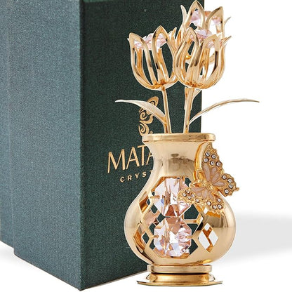 Matashi 24K Gold Plated Flower Ornament with Pink Crystals & Butterfly – Elegant Vase Décor – Perfect Christmas, Valentine’s for Her, Mom, Wife, Grandma