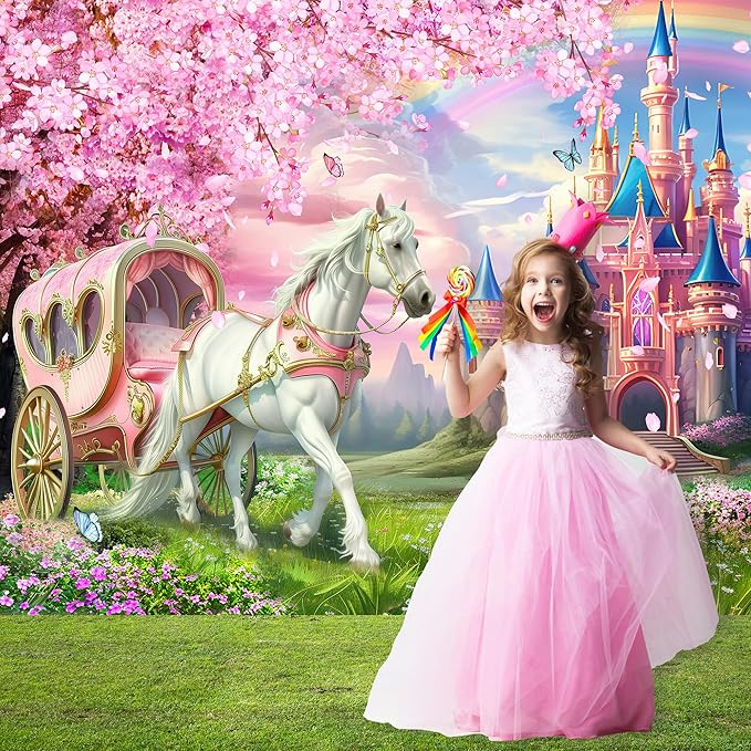 Riyidecor Princess Castle Backdrop Polyester Fabric Pink Sakura Rainbow Flowers Floral Fantasy Fairy Tale Wonderland 8Wx6H Feet White Horse Carriage Photography Background Birthday Photo Studio Shoot
