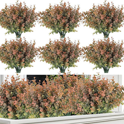 RECUTMS 20 Bundles Artificial Plants Outdoor Faux Plant Eucalyptus Stems Artificial Bushes Boxwood Bushes for Farmhouse Bathroom Office Vase Centerpiece Indoor Outdoor Decor(Dusty Orange)