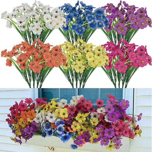 Nepfaivy Fake Outdoor Flowers Uv-Resistant - 24 Bundles 6 Colors Realistic Artificial Flowers, Plastic Faux Flowers for Outdoor Planters, Silk Fake Flowers for Outside to Decor Patio Porch Garden Yard