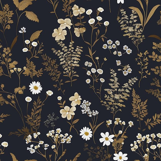 Dark Floral Wallpaper Peel and Stick 17.5in x 118in Navy Gold Leaf Wallpaper Vinyl Waterproof Self-Adhesive Boho Dark Blue Botanical Wall Paper Mural for Bookcase Bedroom Cabinet Decor