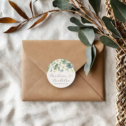 Personalized Floral Wedding Stickers with Your Choice of 30 Flower Styles - Choose Font and One of Five Pre-made Phrases or Add Custom Text (005 - Succulents)