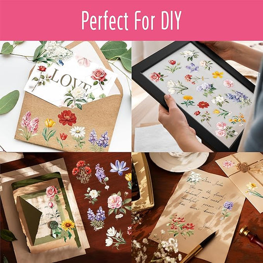 300 PCS PVC Flower Stickers, Self-Adhesive PVC Nature Floral Stickers for Scrapbook, Laptop, Journal, DIY Project, Spring Themed Party Decors
