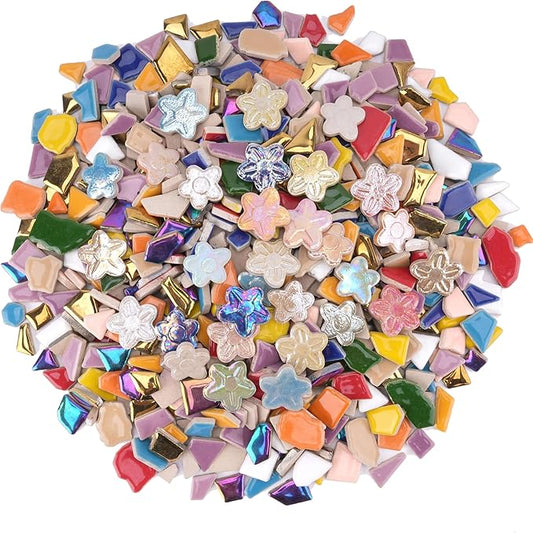1.5 lb Ceramic Tiles for Mosaics – 580g Small Irregular Tiles + 100g Flower Mosaic Pieces, Mixed Sizes, Shapes & Vibrant Colors for DIY Crafts & Home Decor