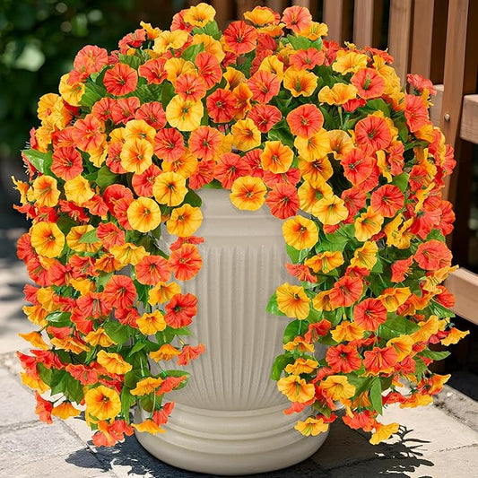 Artificial Fake Hanging Flowers Plants for Outdoor Decoration, 2PCS Faux Silk Morning Glory Long Vines Stems UV Resistant Look Real for Spring Summer Outside Home Porch Patio, Orange Yellow