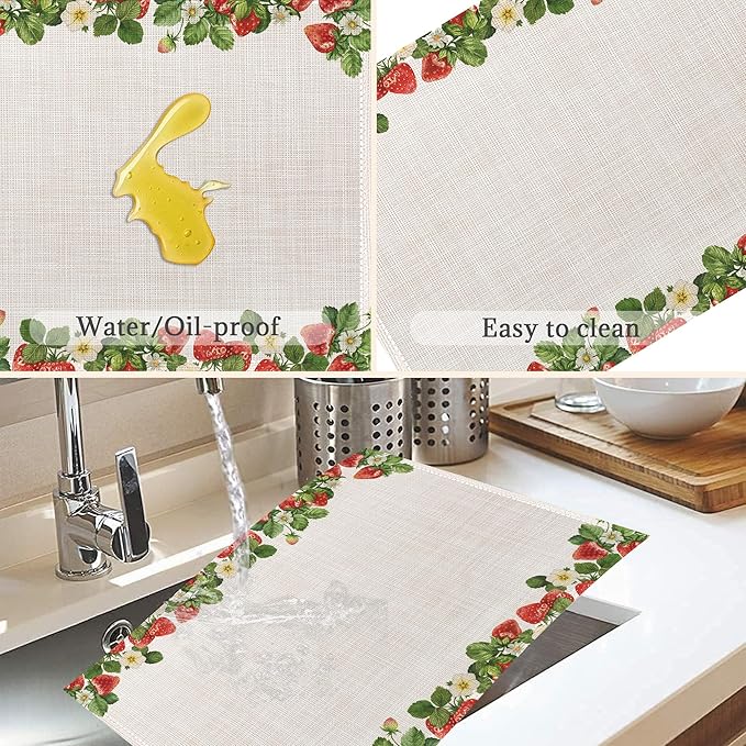 Strawberry Placemats Set of 6,Washable Heat Resistant 12×18 Inch Linen Table Mats Cute Place Mats for Party Outdoor Dining Décor