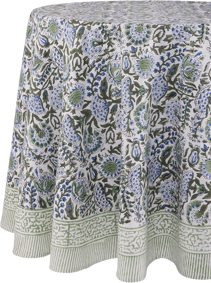 ATOSII Clover Blue 100% Cotton Round Boho Fall Tablecloth, Handblock Floral Table Cloth Linen for Kitchen Dining I Parties Weddings Outdoors Christmas Thanksgiving I 90" Inches Round I 6-8 Seater