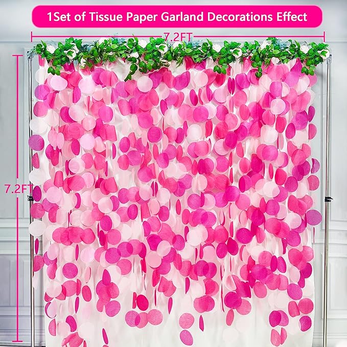 205Ft Hot Pink Party Decorations Big Circle Dots Backdrop Garland Rose Pink Tissue Paper Polka Dots Hanging Curtain Streamer for Birthday Bachelorette Engagement Wedding Bridal Shower Party Supplies