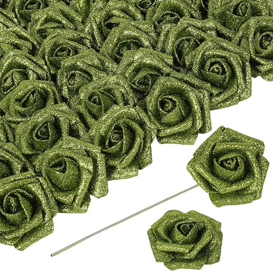 Green Glitter Foam Roses Artificial Flowers 30 PCS Artificial Flowers 2.17 in Glitter Flowers with Stem for DIY Wedding Bridal Bouquet Party Centerpieces Decor(Green)