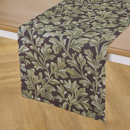 Solino Home 100% Pure Linen Table Runner 108 Inches Long - Floral Print Green and Brown Table Runner 14 x 108 Inch - Handcrafted and Machine Washable - Fallen Leaves Print