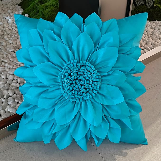 Bella's Giftshop 3D Sunflower Decorative Throw Pillow Covers for Bed Sofa Couch Car, Accent Floral Taffeta Cushion Cover, Handmade Pillow Cases Living Room Decor, 17x17 Inch-Teal/Turquoise
