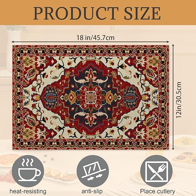 Fall Boho Carpet Placemats Set of 6, Washable Heat Resistant 12×18 Inch Linen Table Mats Orange Brown Place Mats for Party Outdoor Dining Decor