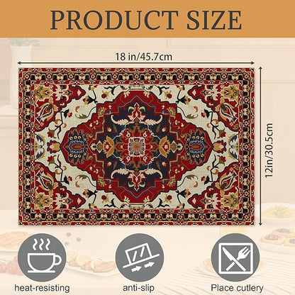 Fall Boho Carpet Placemats Set of 6, Washable Heat Resistant 12×18 Inch Linen Table Mats Orange Brown Place Mats for Party Outdoor Dining Decor