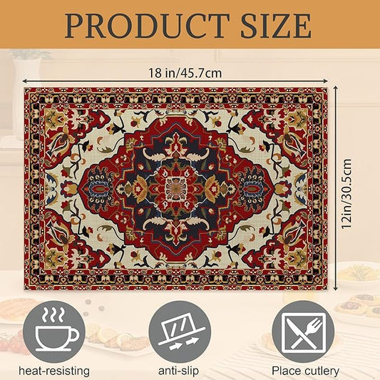 Fall Boho Carpet Placemats Set of 6, Washable Heat Resistant 12×18 Inch Linen Table Mats Orange Brown Place Mats for Party Outdoor Dining Decor