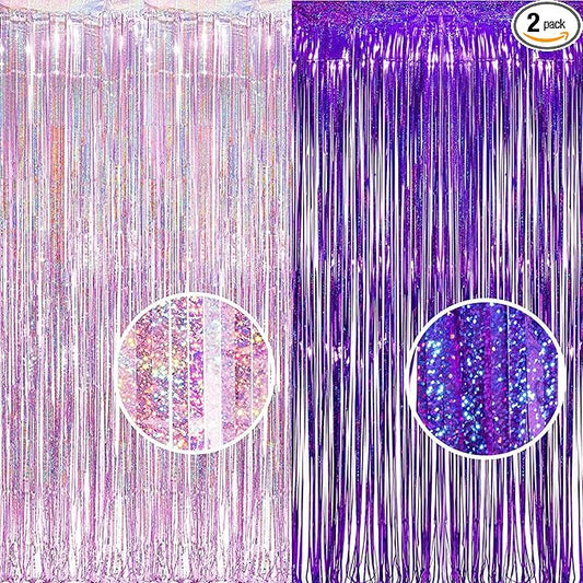 BRAVESHINE 1 Purple 1 Pink Streamers Party Backdrop - 3.2 ft x 8.2 ft Metallic Tinsel Foil Fringe Curtains for Hunters/Christmas/Girl/Women/Birthdays/Engagement/Bridal Shower/Bachelorette Decorations